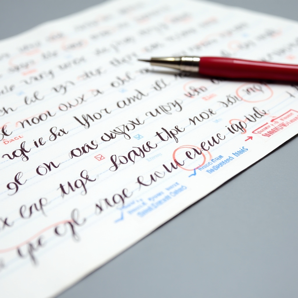 Close-up of handwritten instructor feedback notes on printed calligraphy practice sheet with annotations