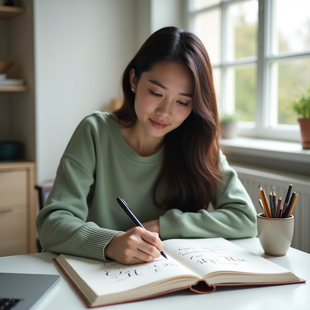 Young woman practicing calligraphy at a bright desk with workbook open beside her